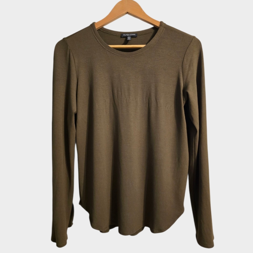 Eileen Fisher Top Shirt Women's PM Olive L-Sleeve Fluid Sustainable Minimalist